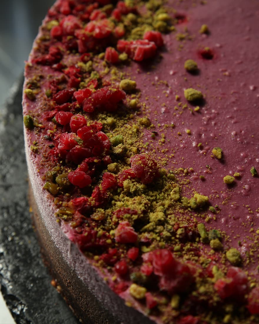 Raspberry pistachio cake close-up