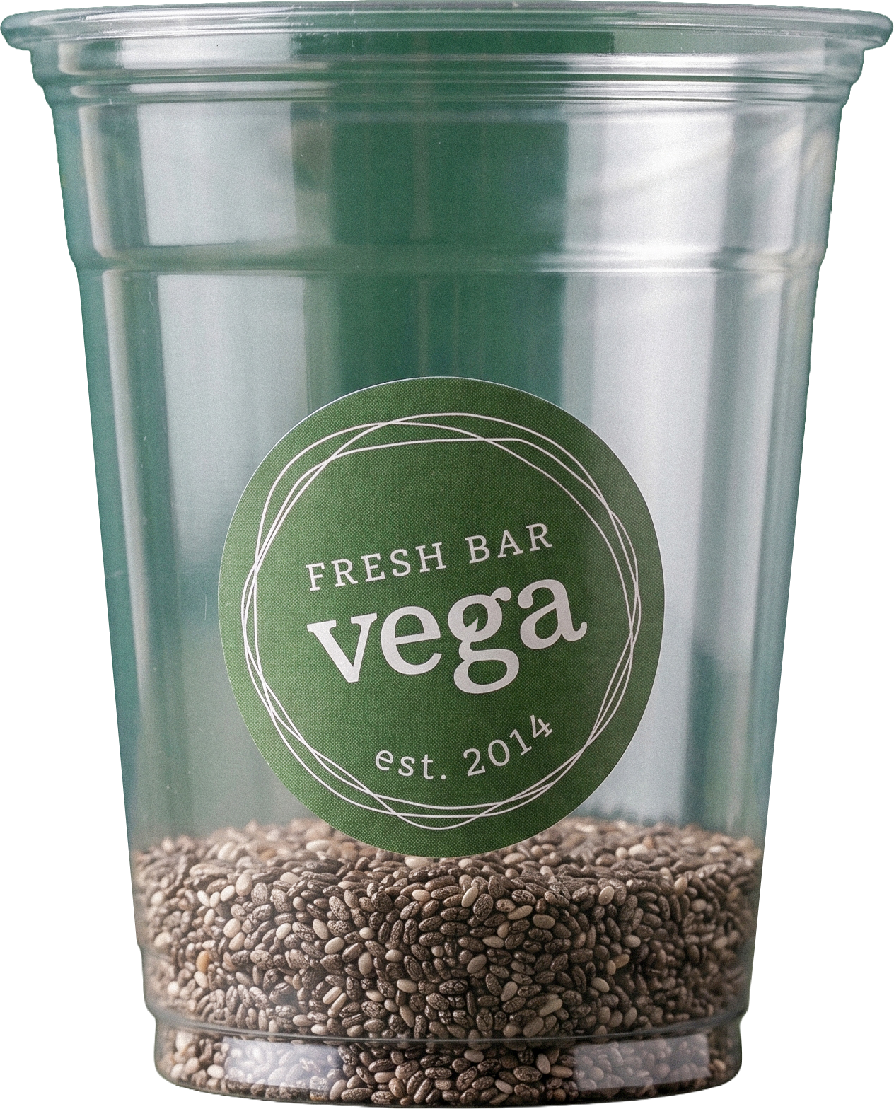 Empty Vega cup with chia seeds